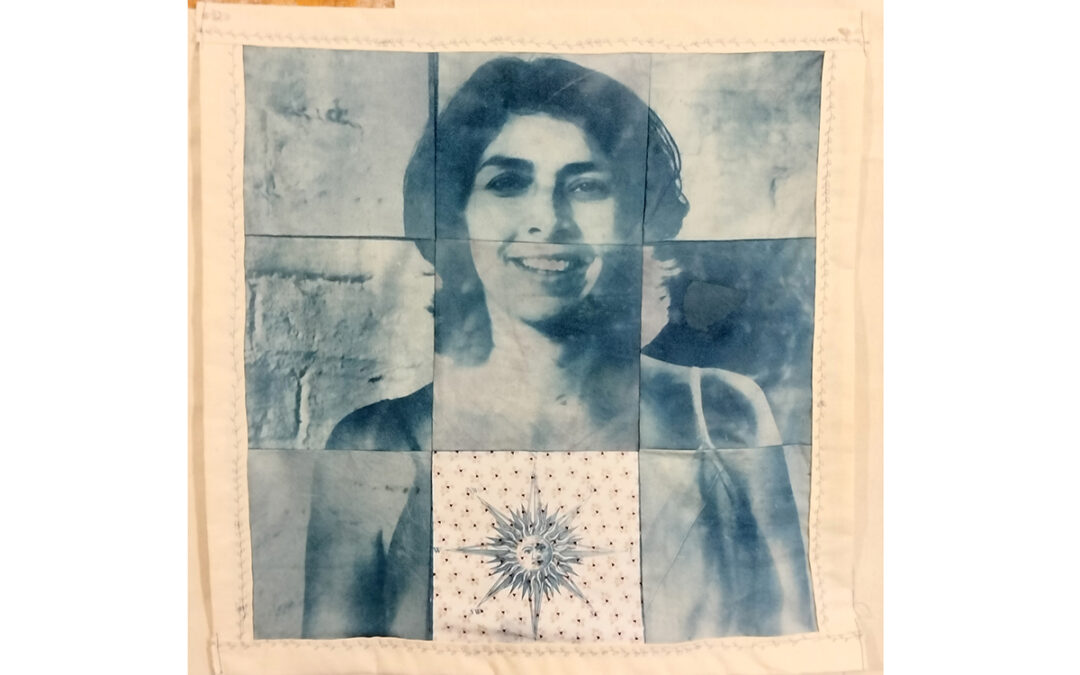 Cyanotype sun print portrait in blue tones for upcoming workshop